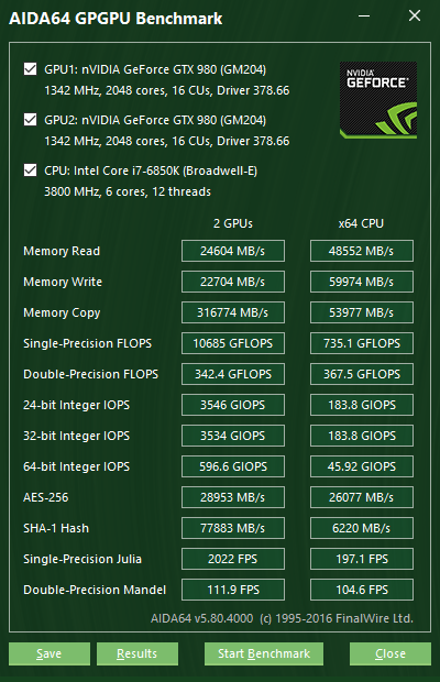 Asus Matrix-GTX980-P-4GD5 SLI GPUs (x2) & Intel Core i7-6850K CPU @ 3.60GHz