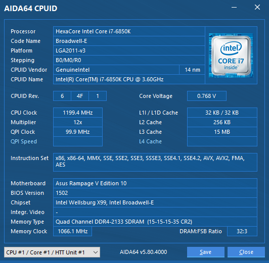 Intel Core i7-6850K CPU @ 3.60GHz